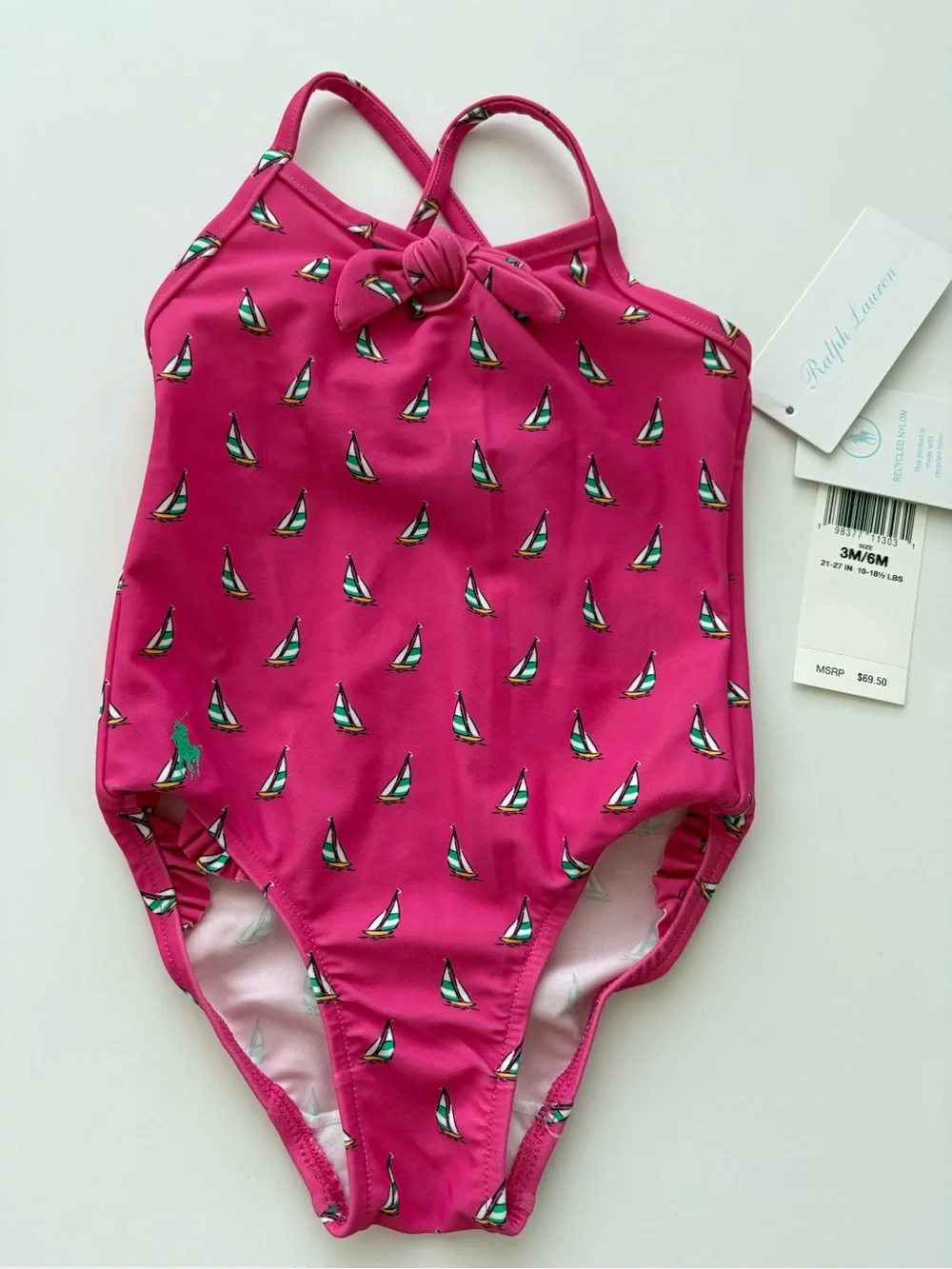 Ralph Lauren Baby Girls Sailboat One Piece Swimsuit Pink NWT Size 3M/6M